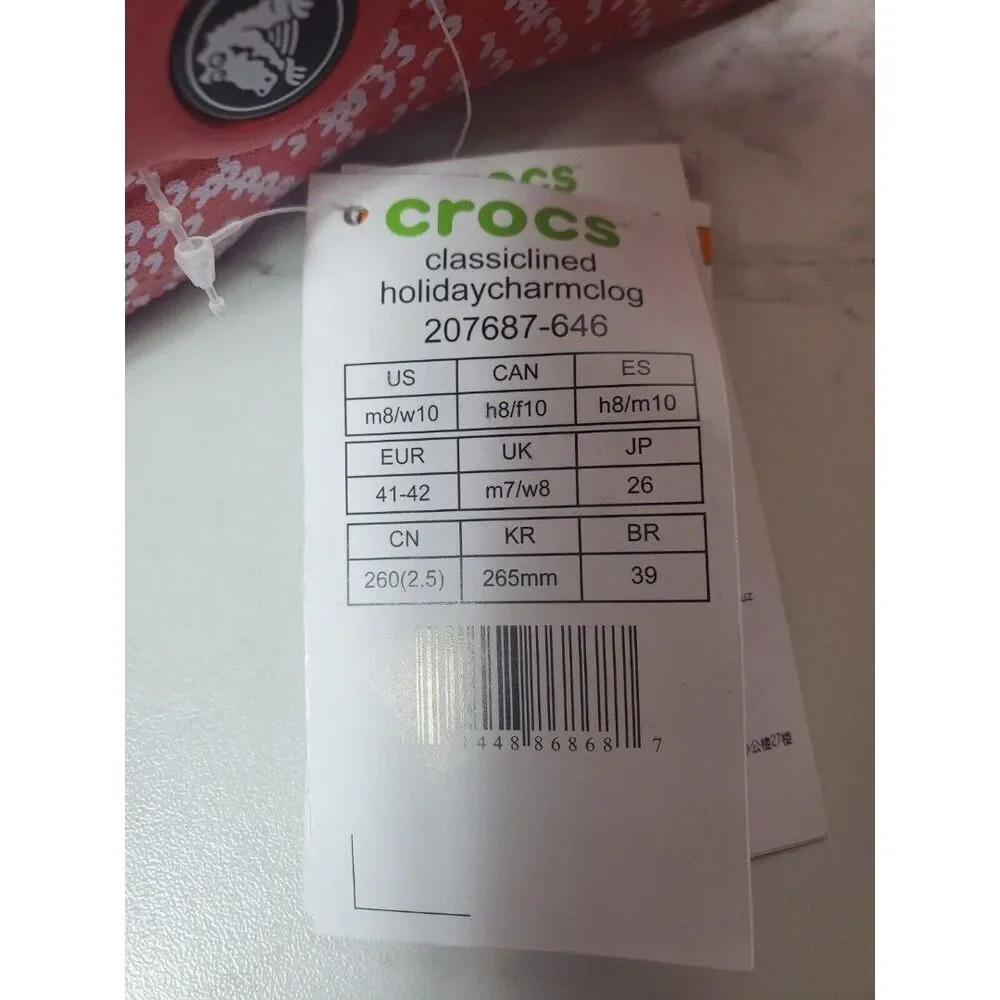 NWT Classic Lined Red White Christmas Holiday Crocs Men's 8 Women's 10